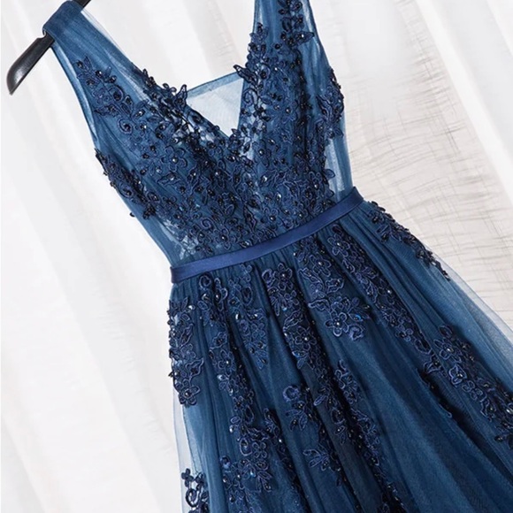 Cap Sleeve V-neck Lace Embellished Top A-Line Formal Dress Dark Navy main image 1